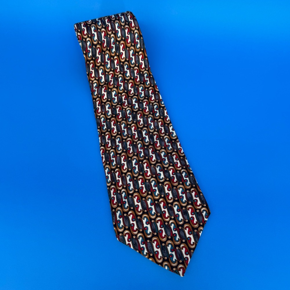 Vintage Albert Nipon Mens Silk Necktie Geometric Abstract Gold Burgundy Blue USA